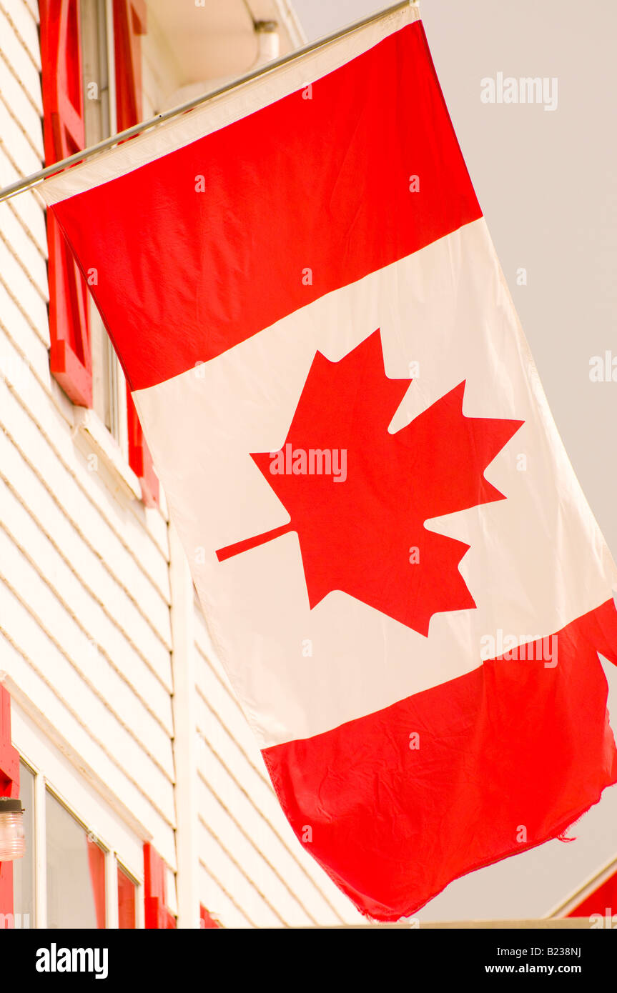 Canada New Brunswick Canadian Flag flying Cape Enrage Tea House Bay of Fundy Stock Photo