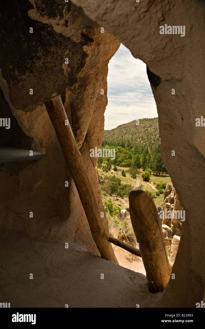 Ladder from inside a cavate at Bandelier National Monument Stock Photo