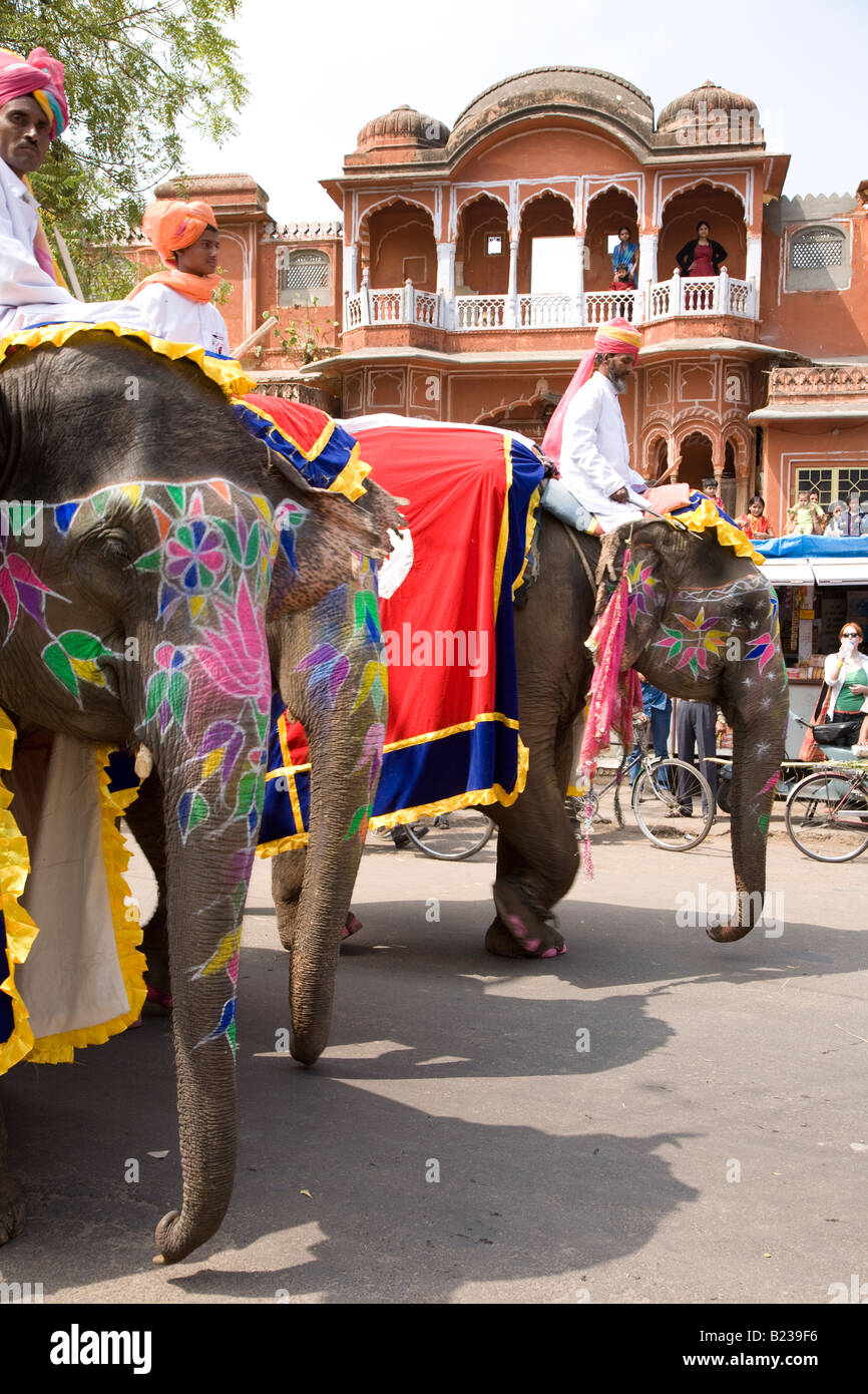 Elephants parade through Jaipur at the Elephant Festival Stock Photo