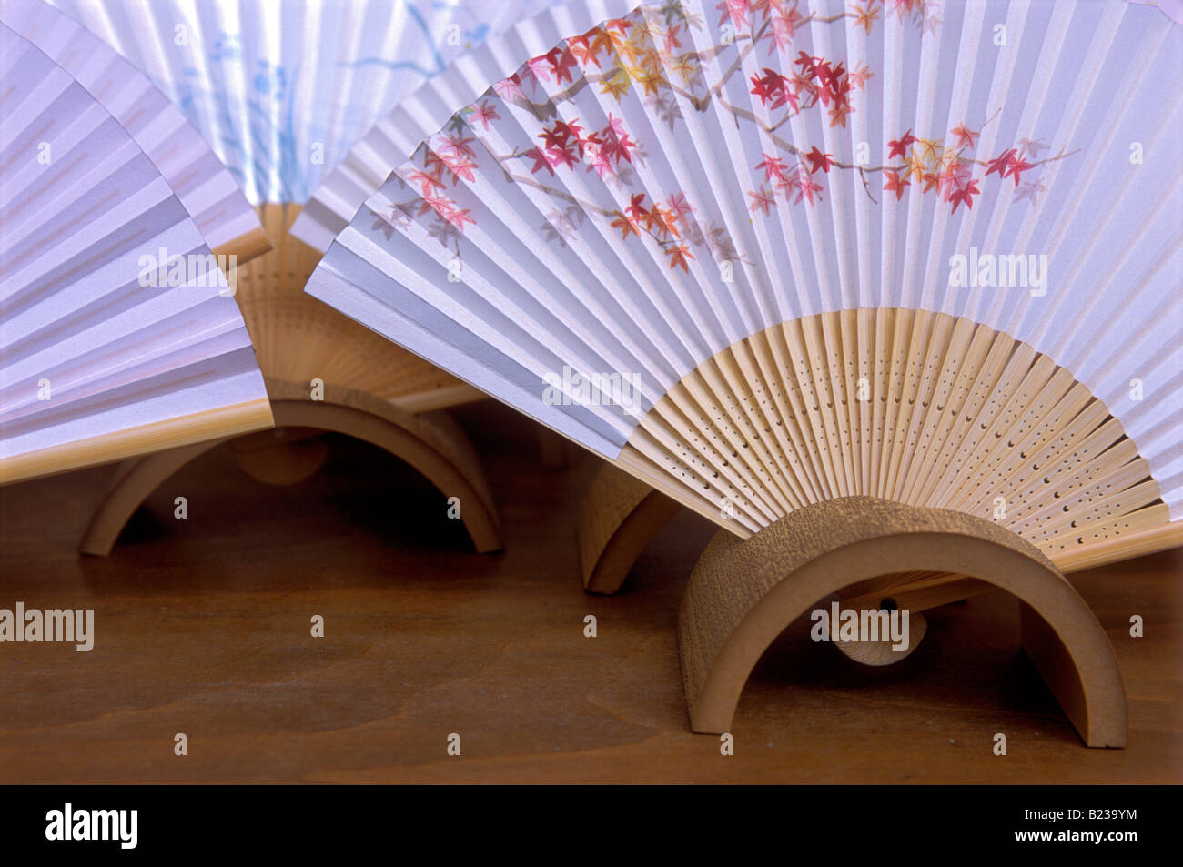 Display of artistically painted paper and bamboo folding fans in bamboo rests for the autumn season Stock Photo