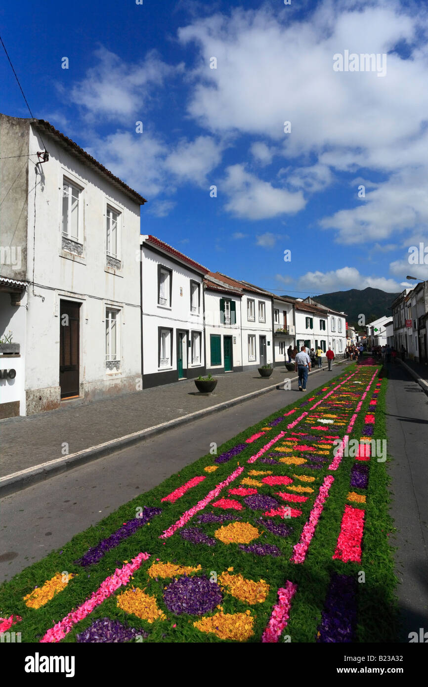 The streets of Furnas decorated for the Procissao do Senhor dos Enfermos catholic procession. Azores islands, Portugal. Stock Photo