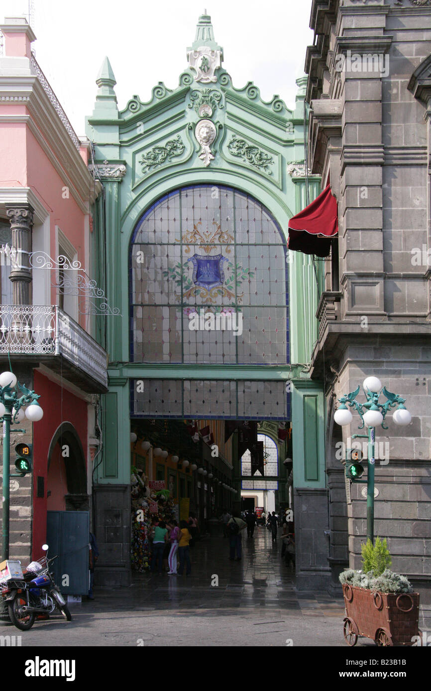 Entrance to a Market Arcade off Zocola Square, Puebla, Mexico Stock Photo