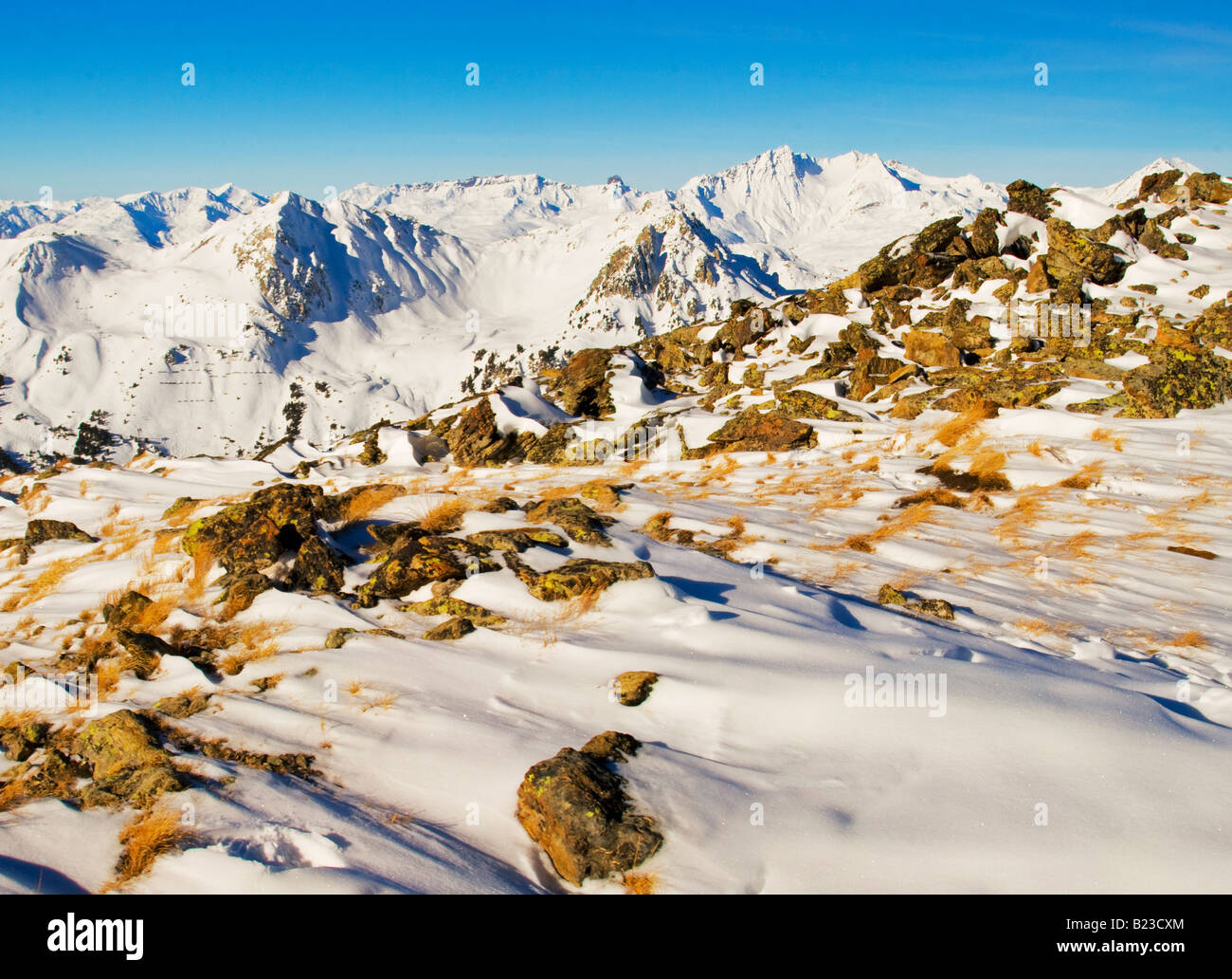 A view of the mountains surrounding the Les Arcs ski resort in the