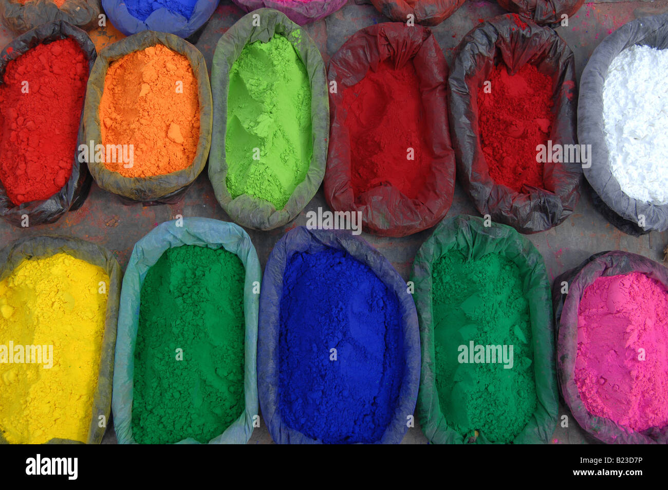 High angle view of sack of colored face powders Stock Photo
