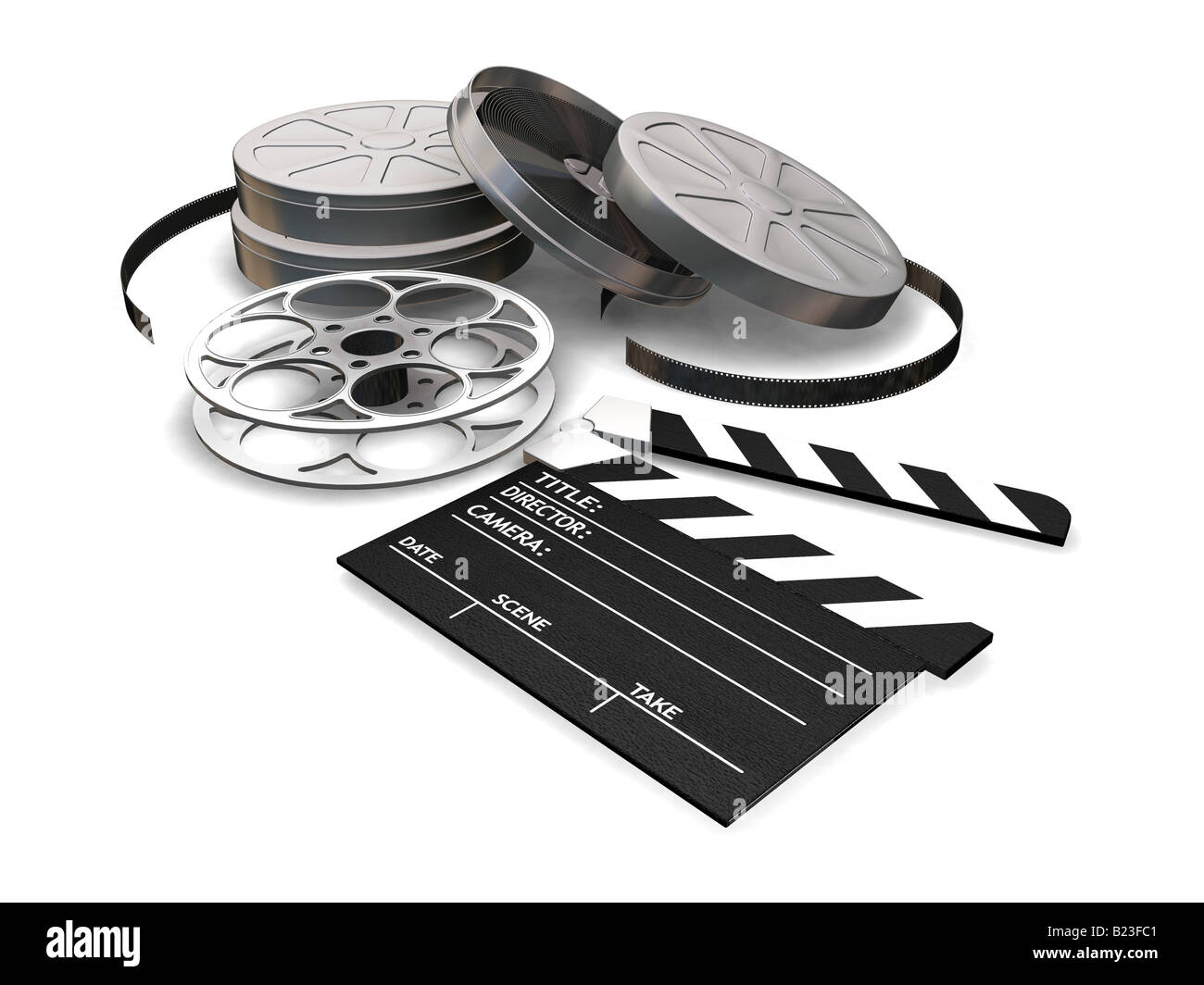 Movie clapper board and colored film reels detail on brown table Stock  Photo - Alamy