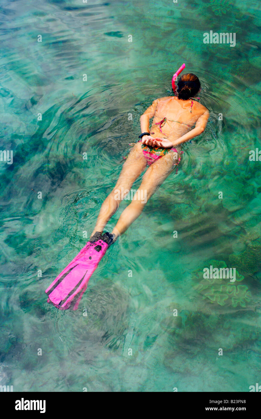 Snorkelling in the shallows off the beach on Pulau Mabul near Semporna and Pulau Sipadan Sabah Malaysia Stock Photo