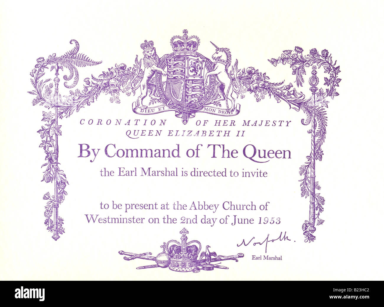 Invitation to the Coronation of Her Majesty Queen Elizabeth II 1953 Stock Photo
