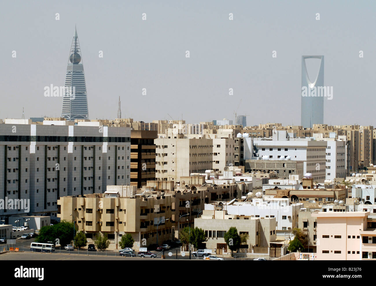 View over Riyadh with the Al Faisaliah and Kingdom Tower dominating the skyline, Saudi Arabia. Stock Photo