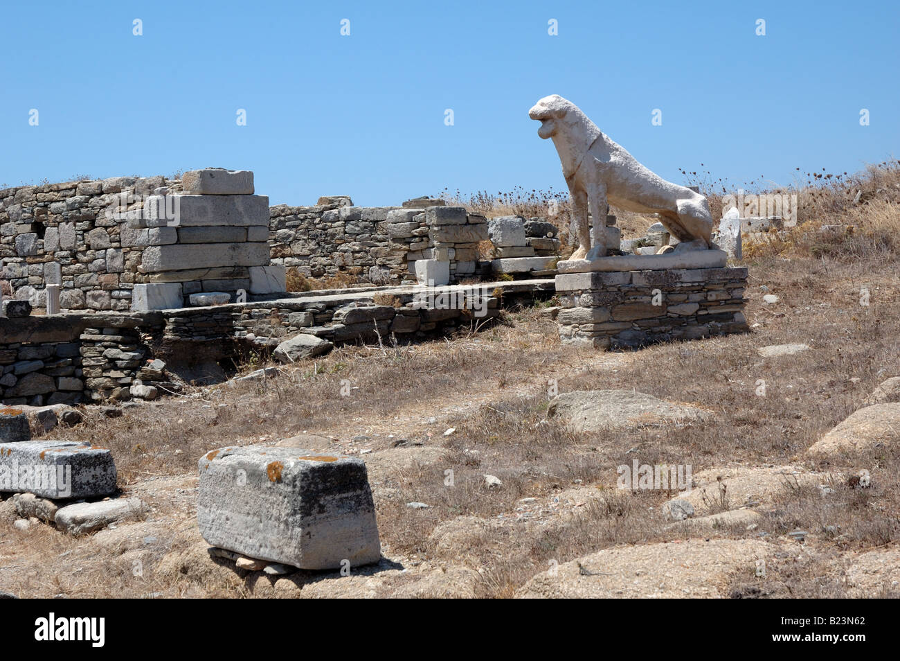 Replica of Naxian lion on Delos, Greece Stock Photo