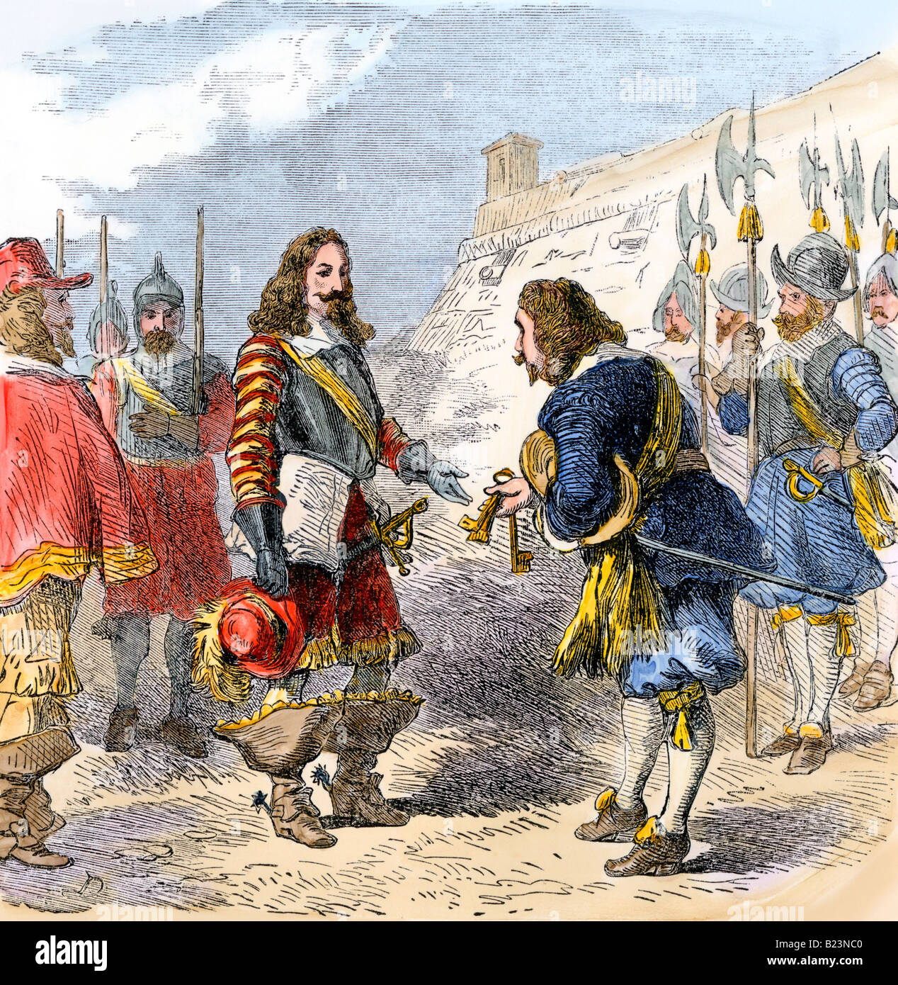 Final Dutch surrender of New Netherland to the English 1674. Hand-colored woodcut Stock Photo