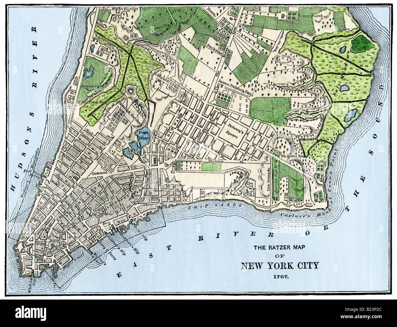 Ratzer map of New York City 1767. Hand-colored woodcut Stock Photo