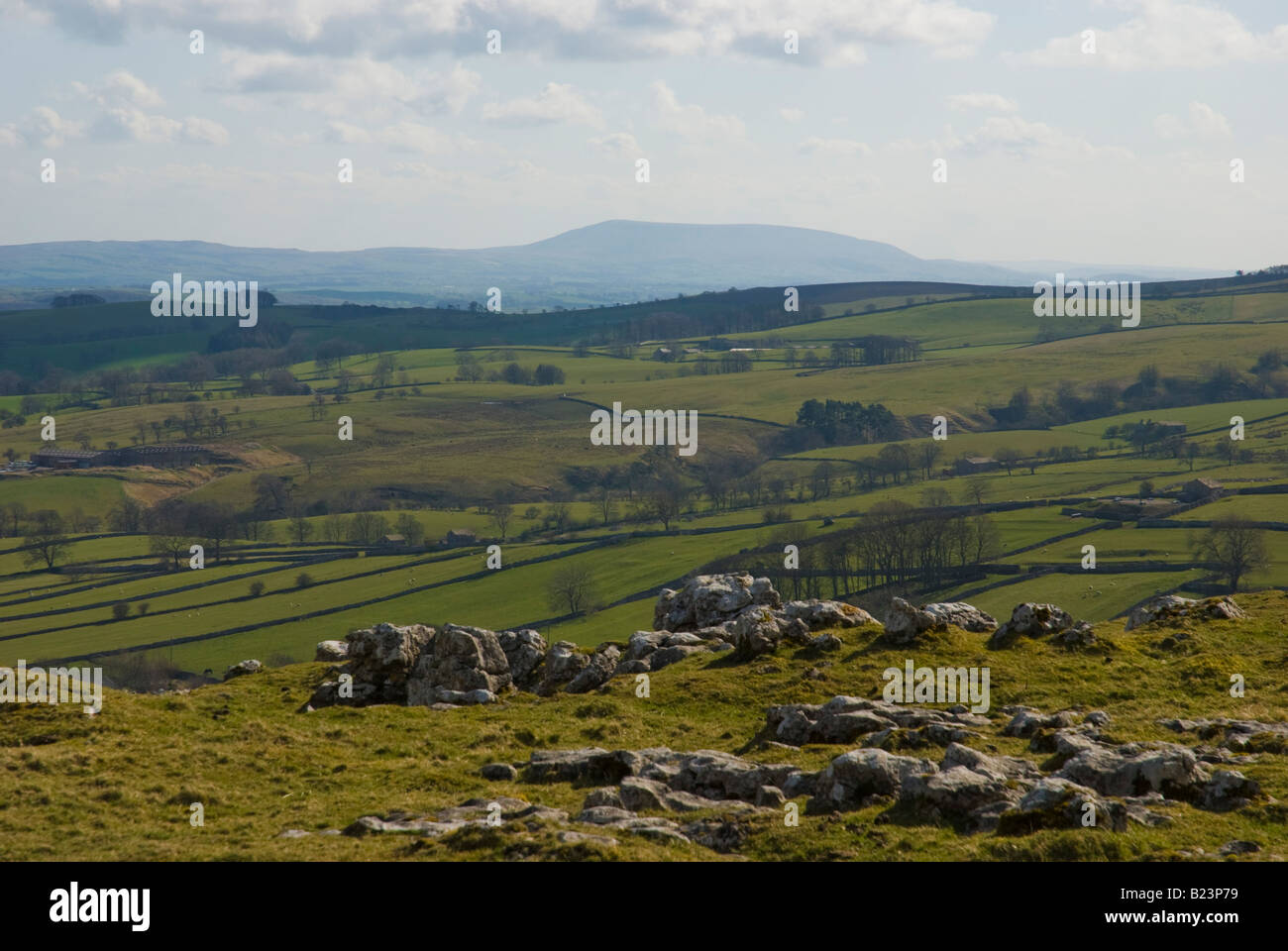 View towards Pendle Hill from the top of Malham Cove Stock Photo