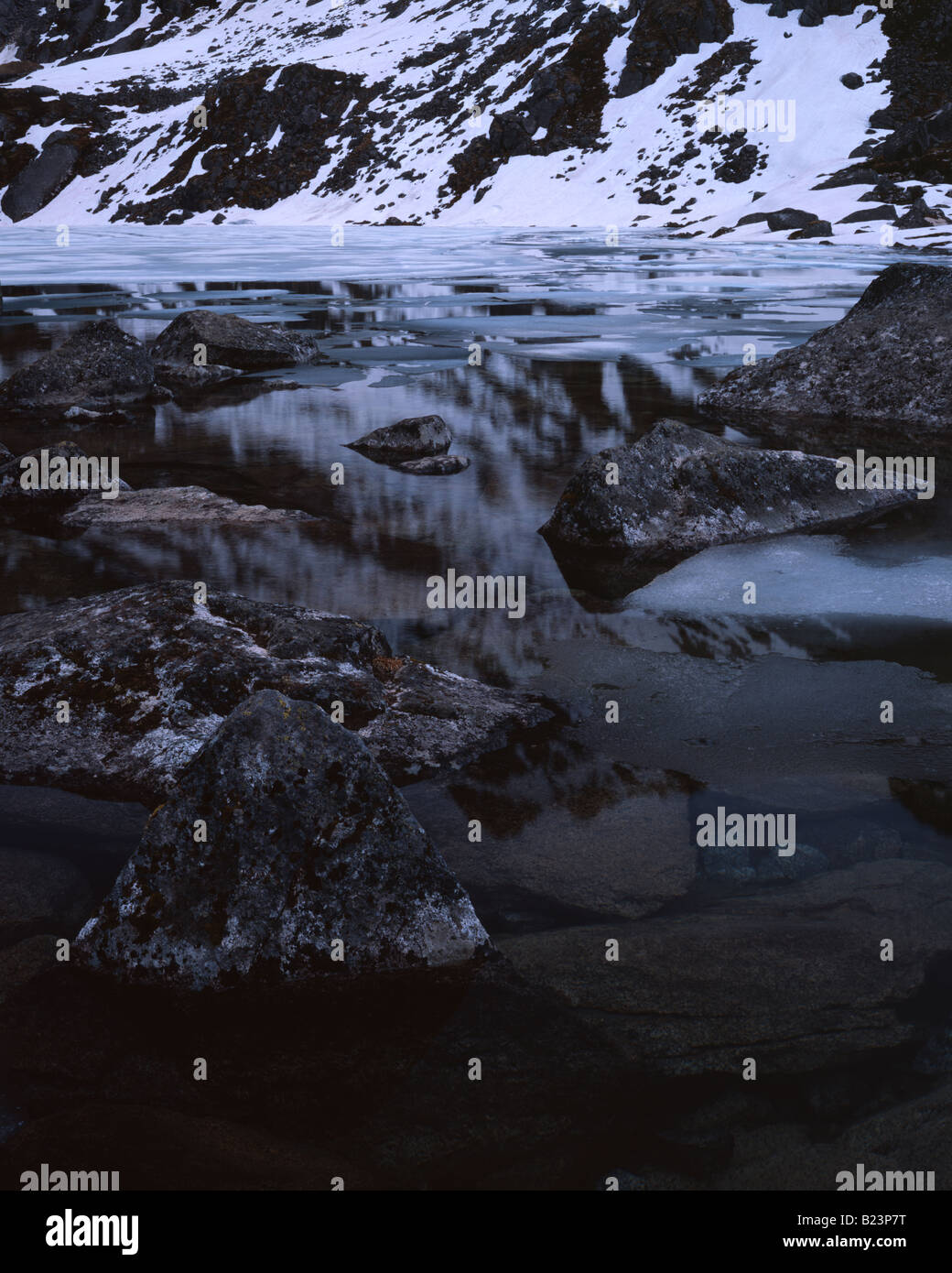 Rocks in cold water of melting lake Summer in Alaska 4x5 slide film Stock Photo