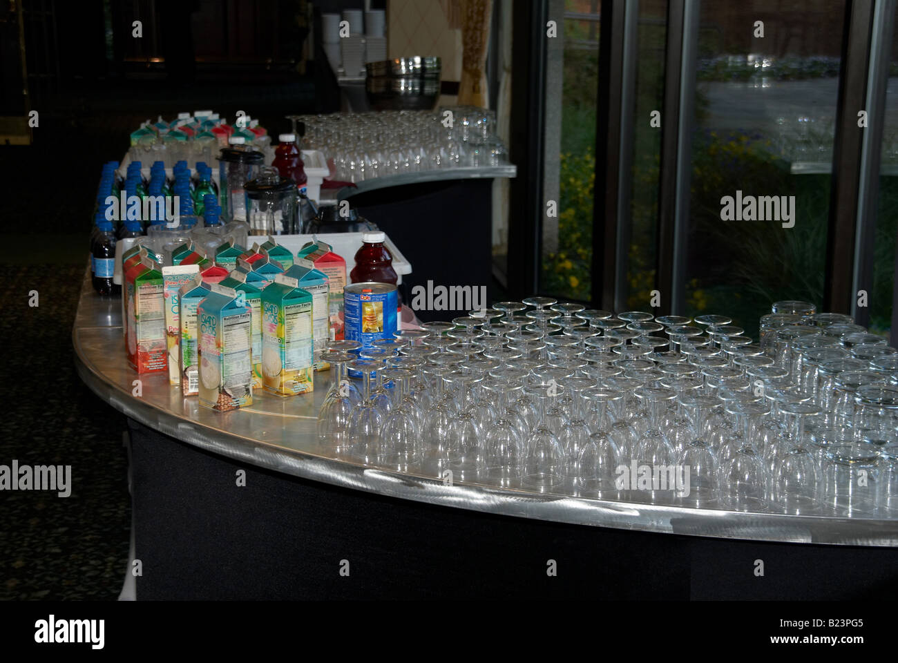 Prom Drinks juices and glasses lined up for students at a high school prom Stock ...