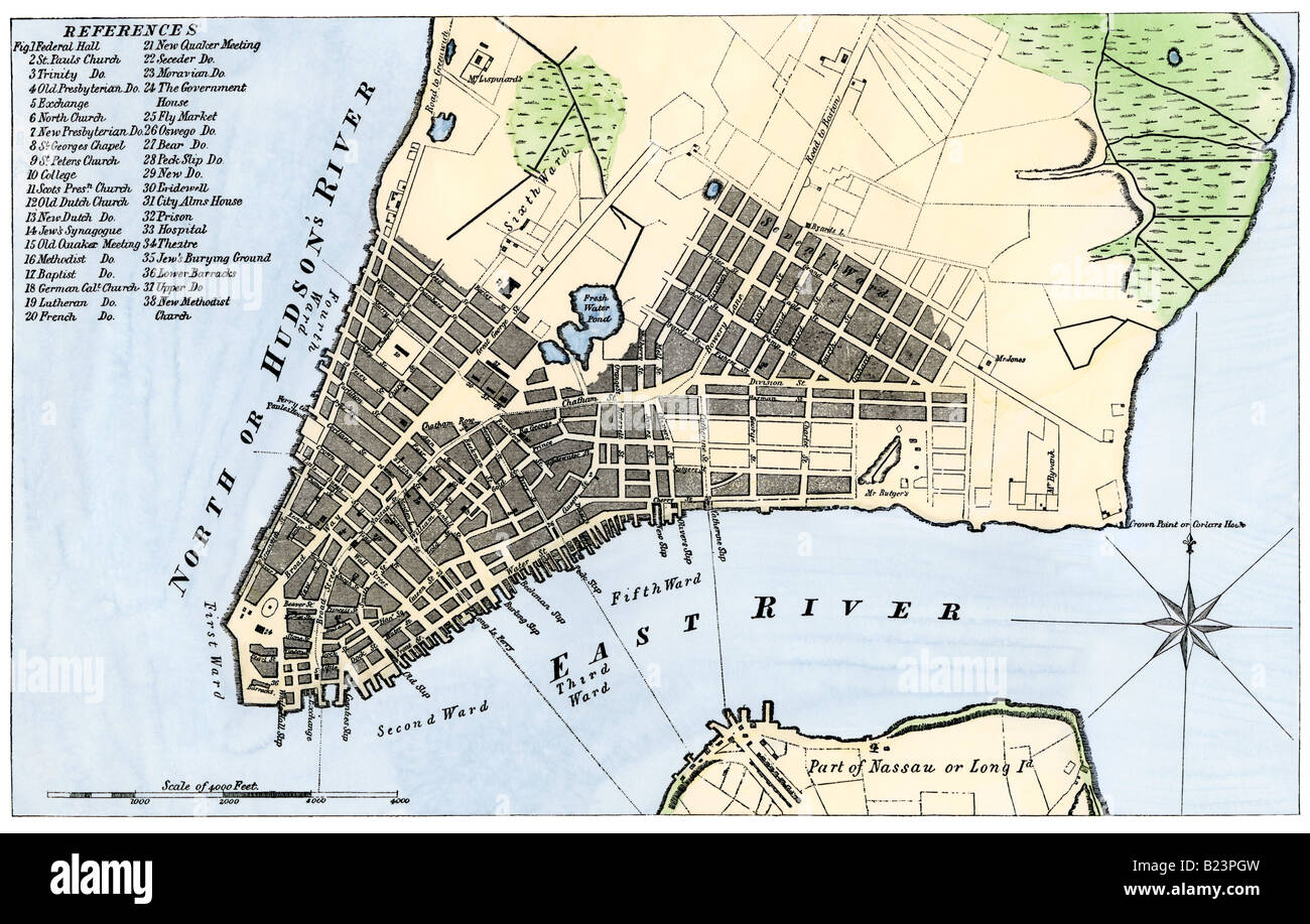 Map of the City of New York 1789. Hand-colored woodcut Stock Photo