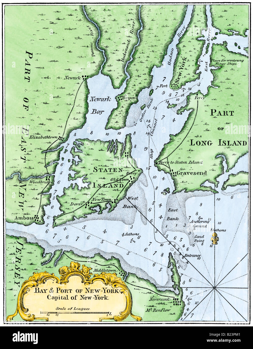 Bellin map of New York Bay 1764. Hand-colored woodcut Stock Photo