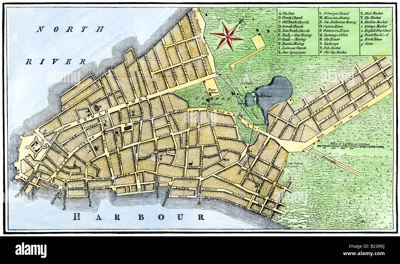 Map of New York City in 1767. Hand-colored woodcut Stock Photo