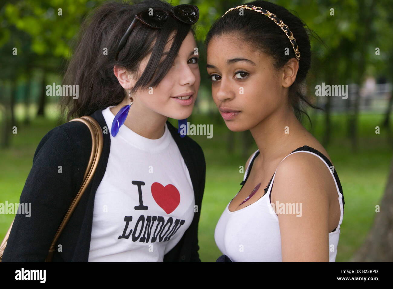 Two young London teenagers at the Rise Festival in Finsbury Park, London Stock Photo