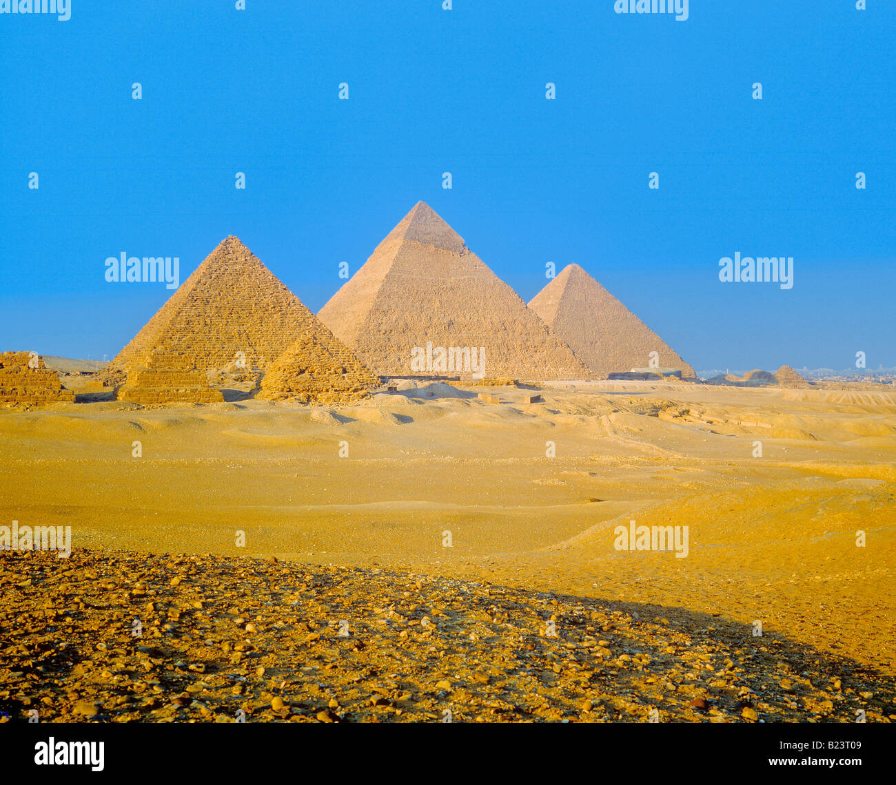 pyramid of mykerinos front and pyramid of kephren middle and pyramid of keops behind area of gizeh egypt Stock Photo