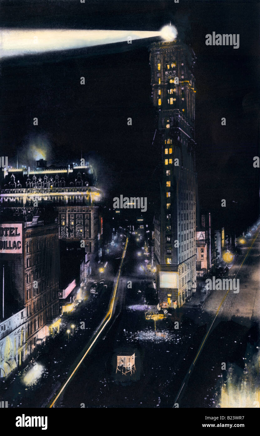 Electric lights illuminating Times Square New York City circa 1900. Hand-colored halftone of a photograph Stock Photo