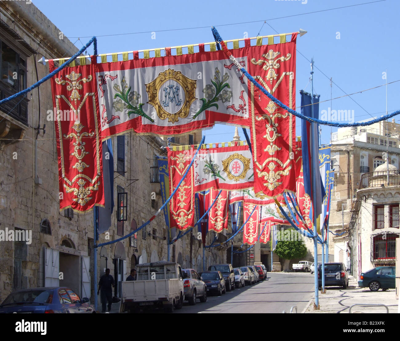 Banners Spanning The Street In Preparation For A Festa In Valletta Stock Photo Alamy