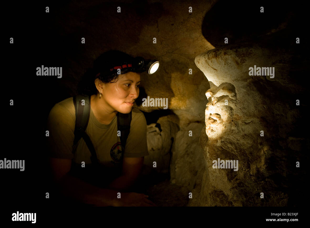 Mayan figure in underground cavern, Belize. Stock Photo