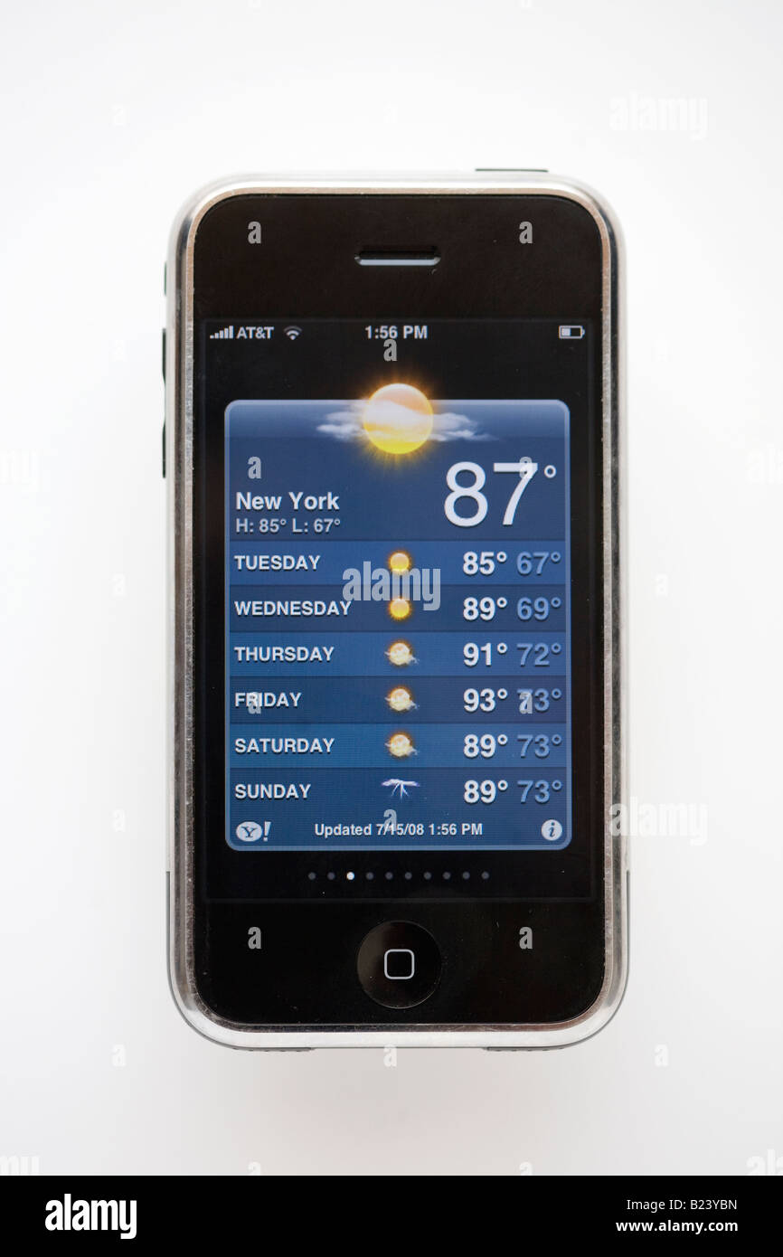Iphone showing weather in New York Stock Photo
