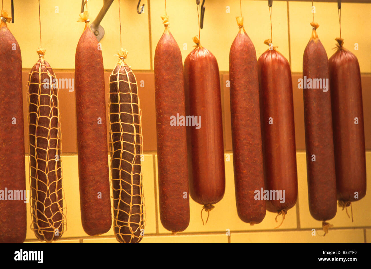 Sausage hanging in butcher shop Stock Photo Alamy
