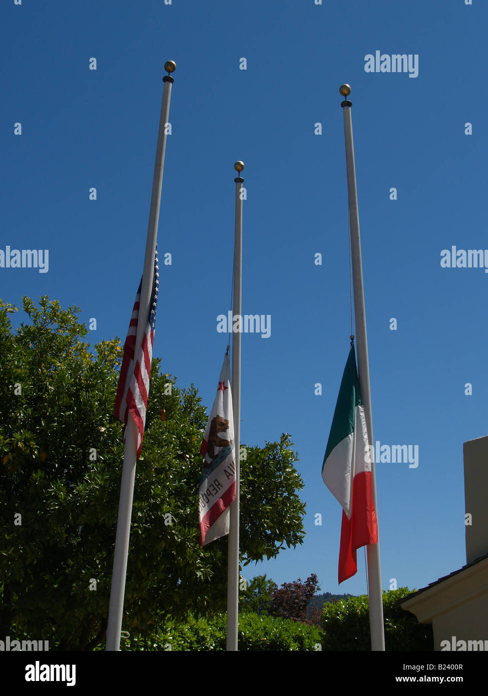 Flags fly at half mast at Robert Mondavi Winery in California's Napa Valley in mourning of Mr. Mondavi's passing on May 16, 2008 Stock Photo