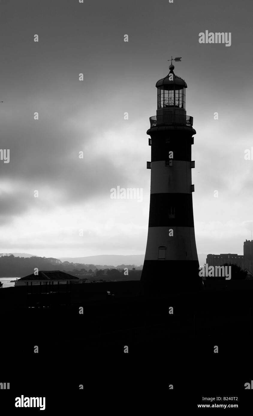 City of Plymouth, England. Dusk view of John Smeaton’s Eddystone Lighthouse situated on the Hoe overlooking Plymouth Sound. Stock Photo