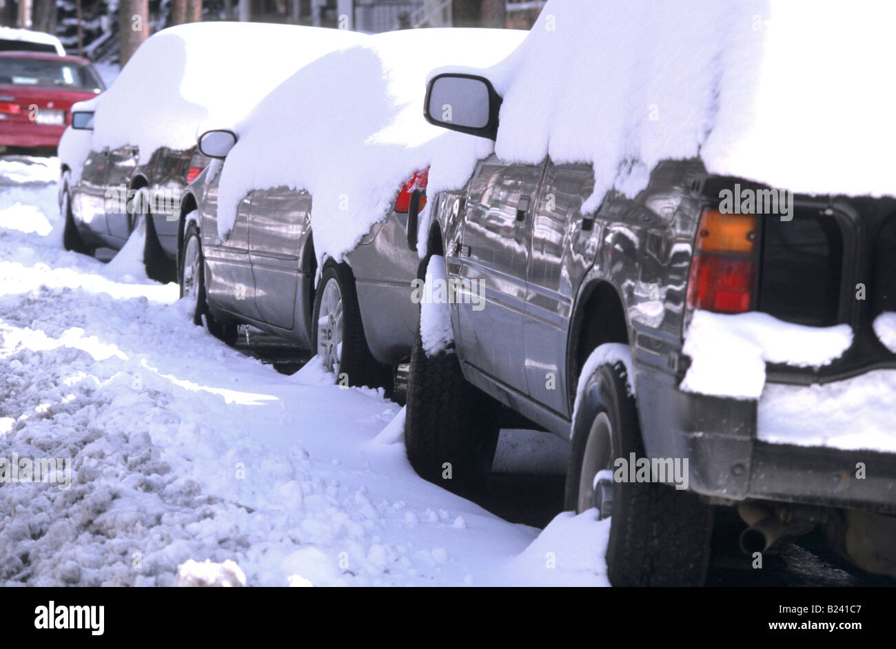 Parked cars street side Snow storm Chicago Stock Photo