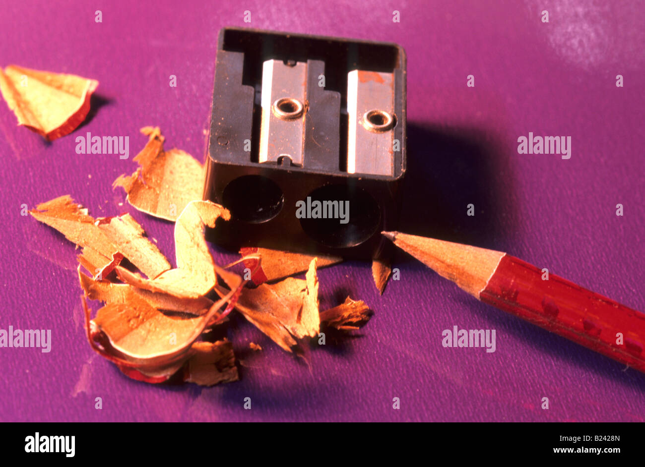 Pencil sharpener with shavings Stock Photo