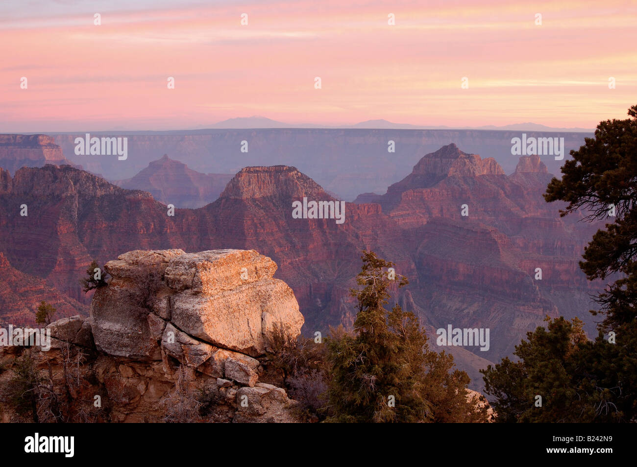 Grand Canyon from Bright Angel viewpoint North Rim at sunset Stock Photo