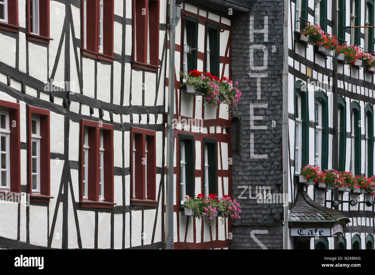 Traditional German architecture - fachwerk - in the town of Monschau, Eifel region. Stock Photo