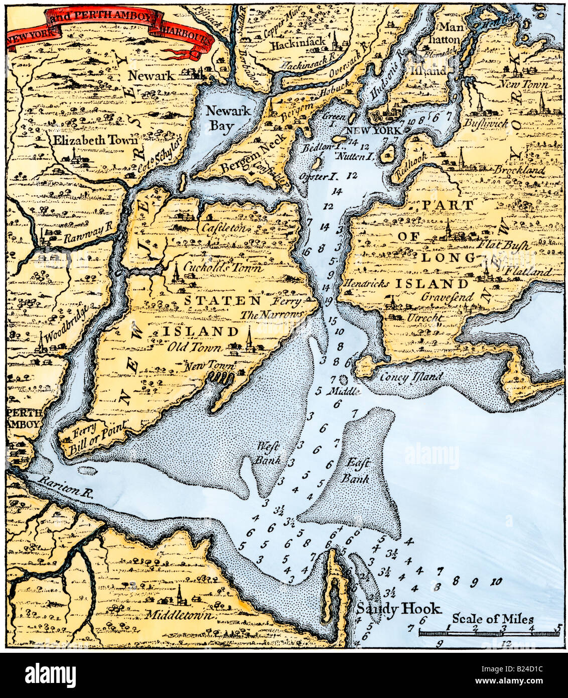 Popples map of New York City and the surrounding area 1733. Hand-colored woodcut Stock Photo