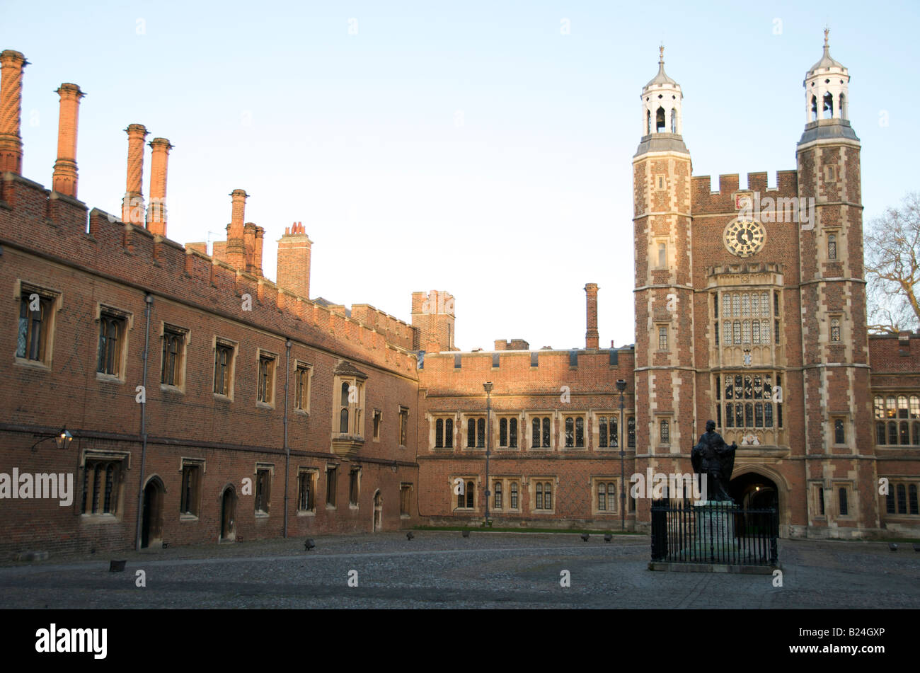 Eton College main courtyard, in the early evening. The statue is of