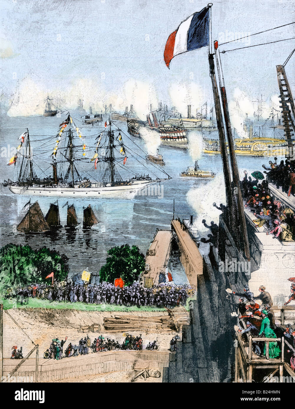 Statue of Liberty arrives in New York on the French ship Isere amidst cheering crowds. Hand-colored woodcut Stock Photo