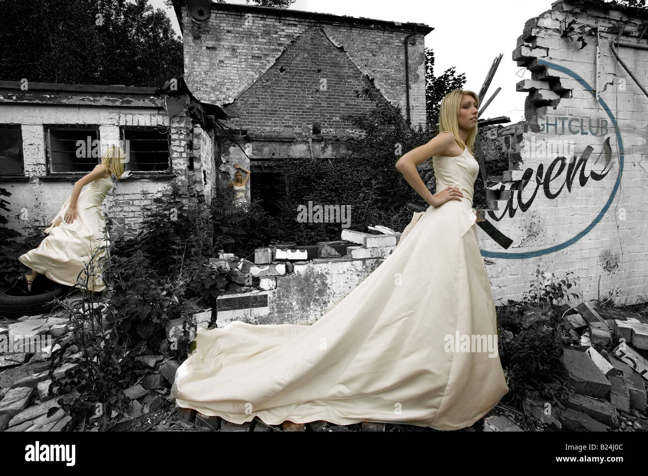 Digital montage of model in wedding dress at derelict building Stock Photo