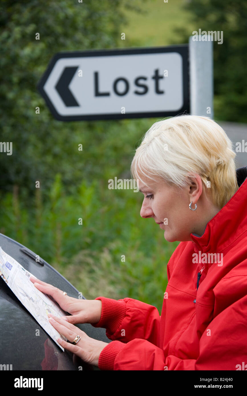 Map reading near remote Scottish village called Lost, Scotland uk Stock Photo