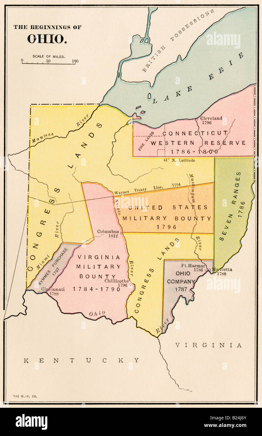 Land division and early settlements in Ohio Territory. Color lithograph 
