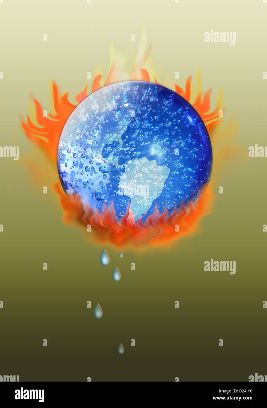 Earth boiling over with flame under it as a conceptual image to show climate change Stock Photo