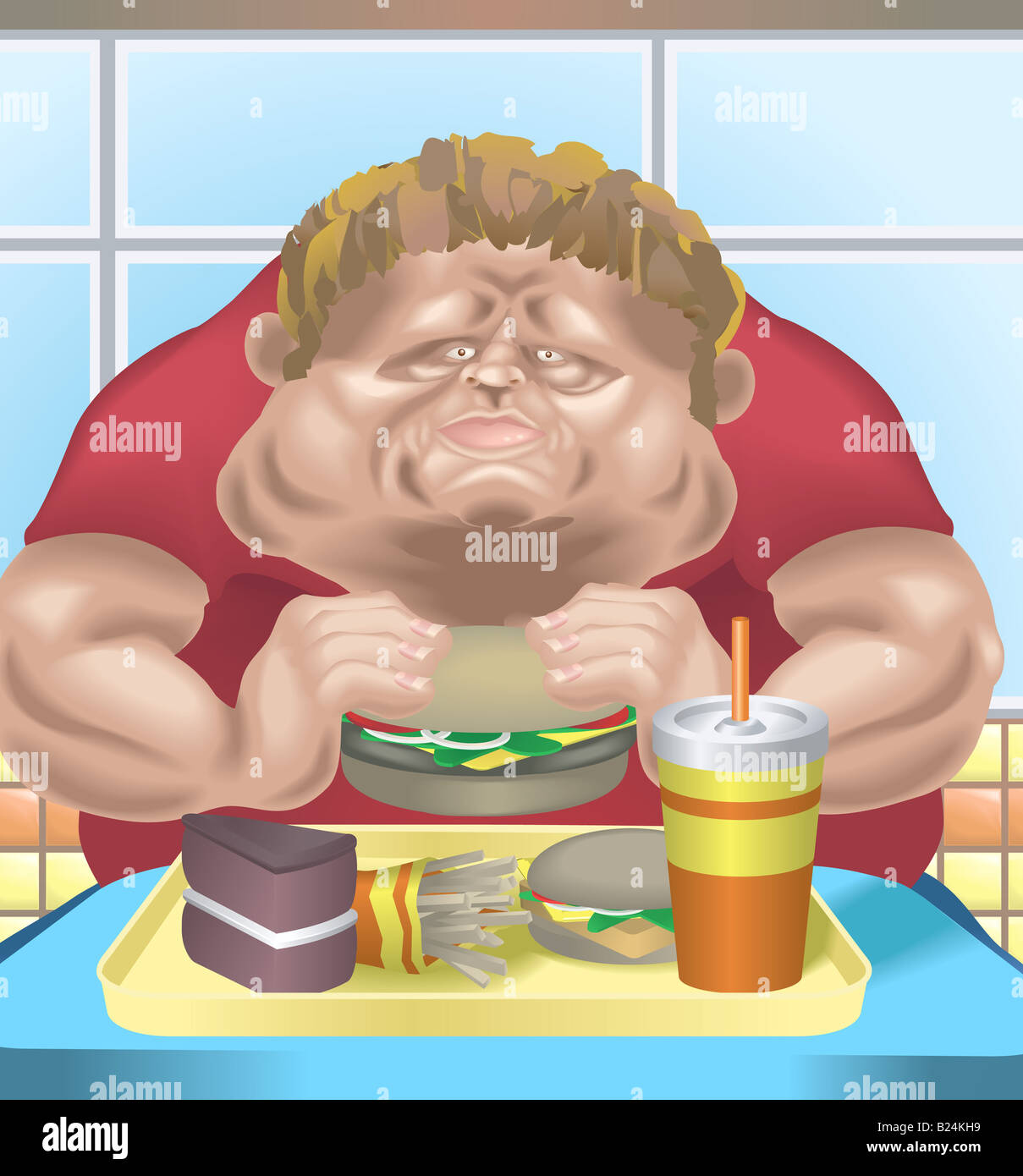 Obese man in fast food restaurant An obese man in fast food restaurant consuming junk food. Stock Photo
