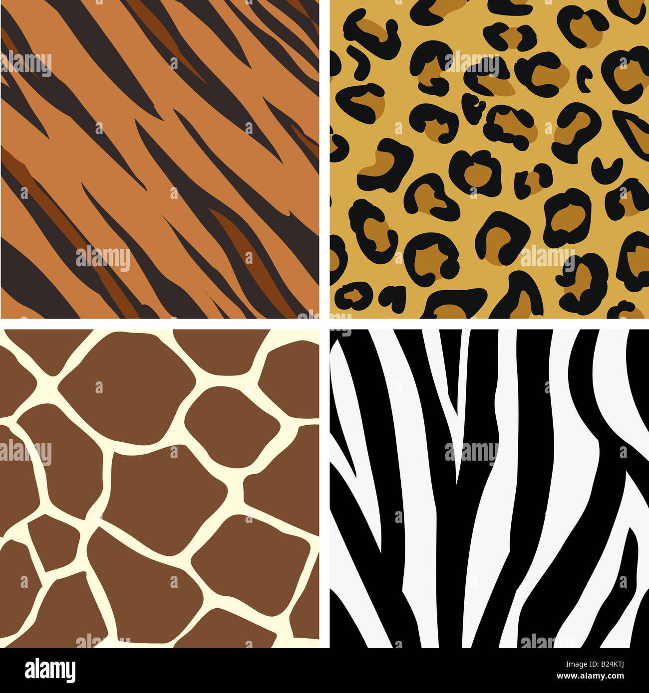 Seamless tiling animal print patterns of tiger, leopard, giraffe and zebra. Created especially to look at their best when tiled. Stock Photo
