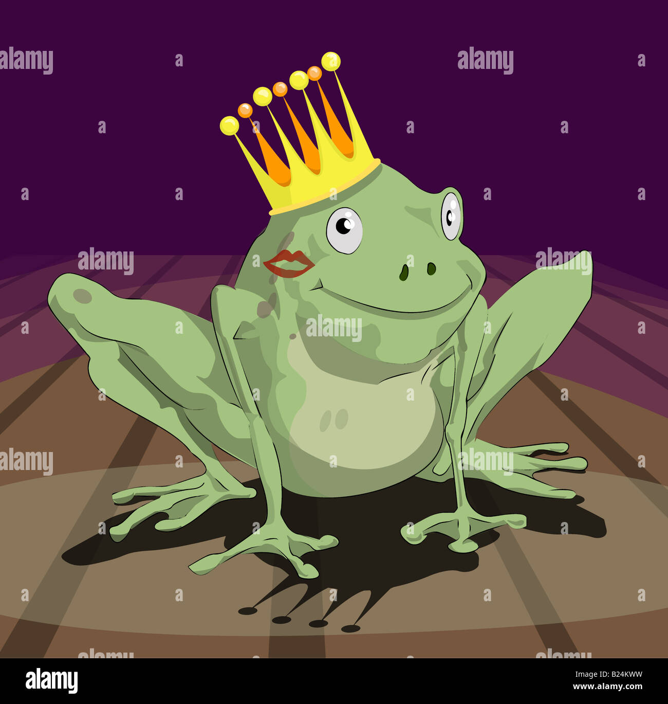 You have to kiss a lot of frogs to find a prince/ princess. A frog wearing a crown with lipstick on his cheek. Stock Photo