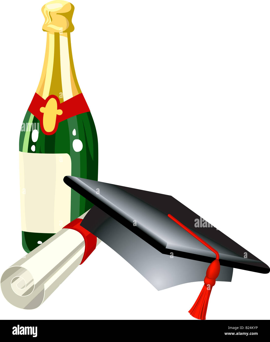 Graduation celebration related items; mitre cap, champagne and diploma