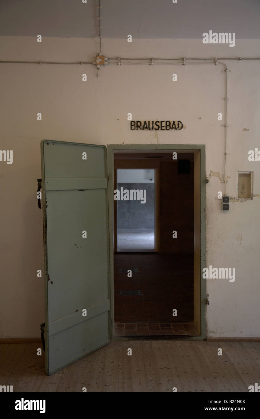 door to the Brausebad - shower room - actually the gas chamber in Barrack X at Dachau concentration camp in germany Stock Photo