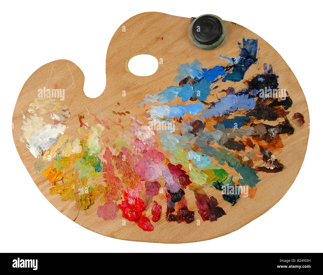 Artist s palette with oil colors and solvent container Stock Photo Alamy