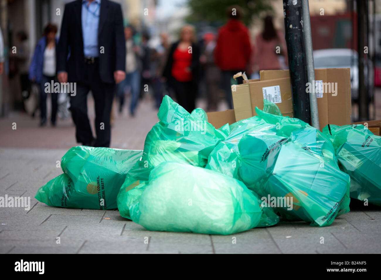 refuse bags piled up in belfast city centre due to local council workers strike belfast northern ireland uk Stock Photo