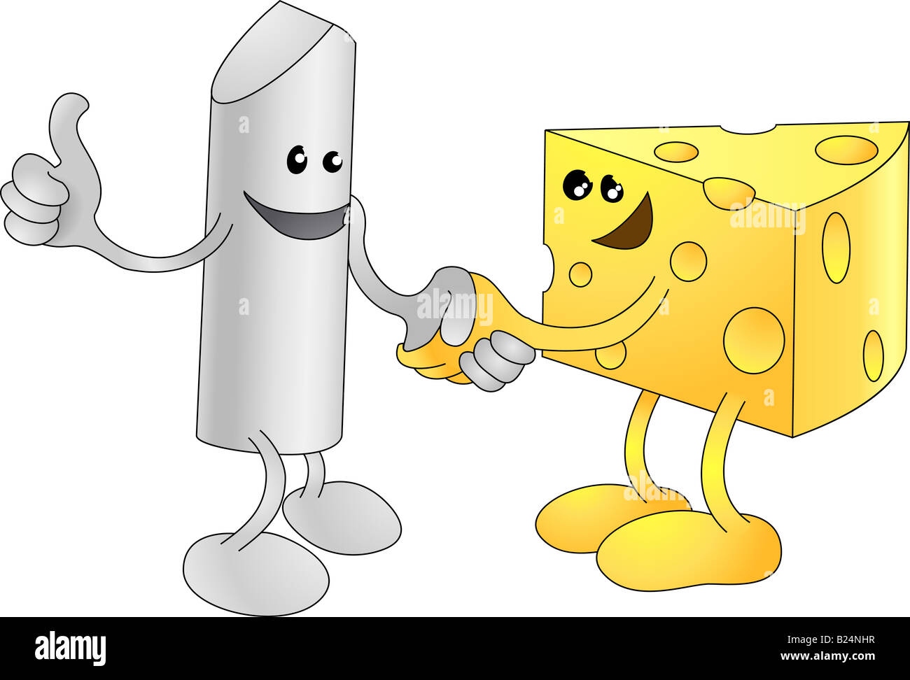 A conceptual illustration of chalk and cheese shaking hands. Opposites