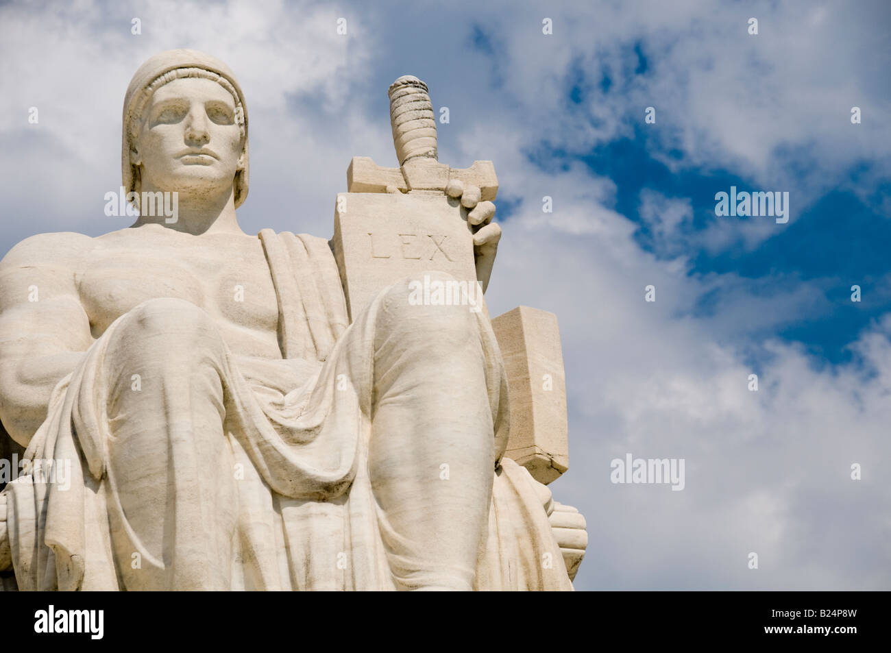 The statue called The Authority of Law at the entrance to the US Supreme Court in Washington DC Stock Photo